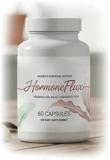 HormoneFlux women's hormonal support bottle on a bright home counter